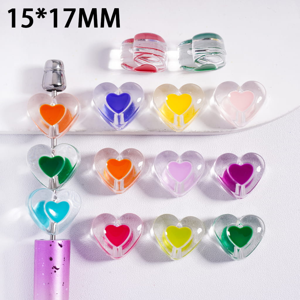 Acrylic Beads Heart with Small Heart in Various Colors, 15*17MM, Translucent, Random Mix