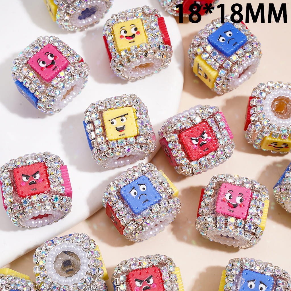 Hand-Made Acrylic Beads w Emoji Cartoon Face Design & AB Rhinestone, Cube Square Shape, 18*18MM, Random Mix