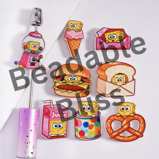 Acrylic Beads Concavo-Convex Yellow Sponge Character Prints Series, Random Mix