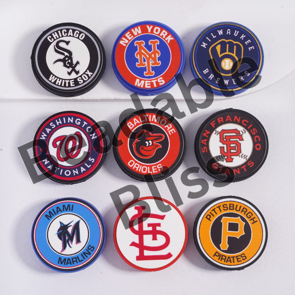 Silicone Focal Beads Baseball Series, Flat Round Shape, Random Mix