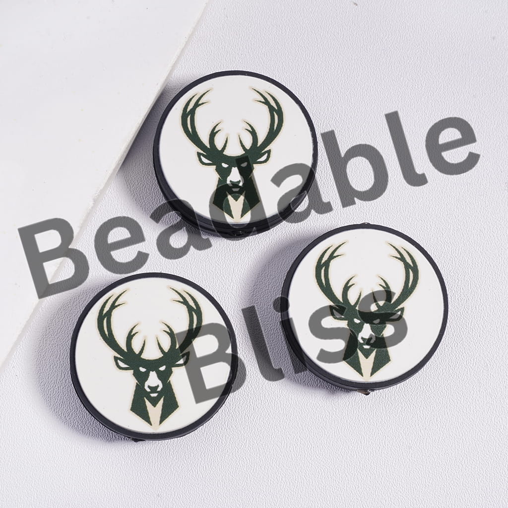 Silicone Focal Beads Milwaukee Basketball Team, Flat Round Shape