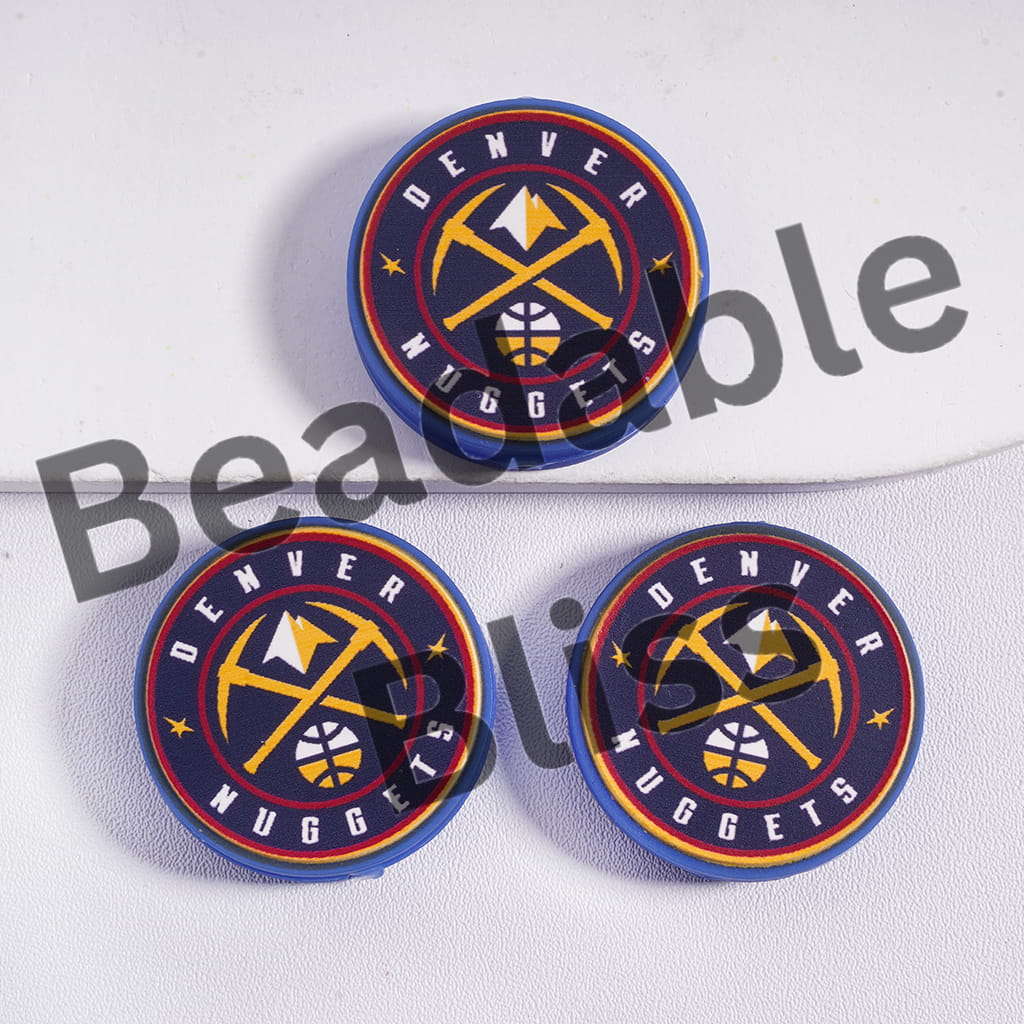 Three Denver Nuggets logo coasters on a white background with 'handsontosupply.' branding.