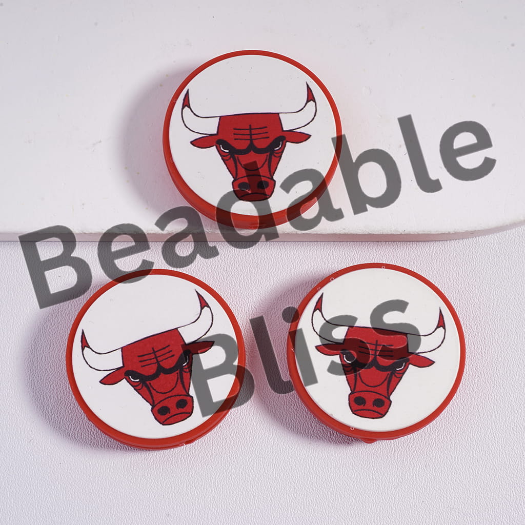 Silicone Focal Beads Chicago Basketball Team, Flat Round Shape