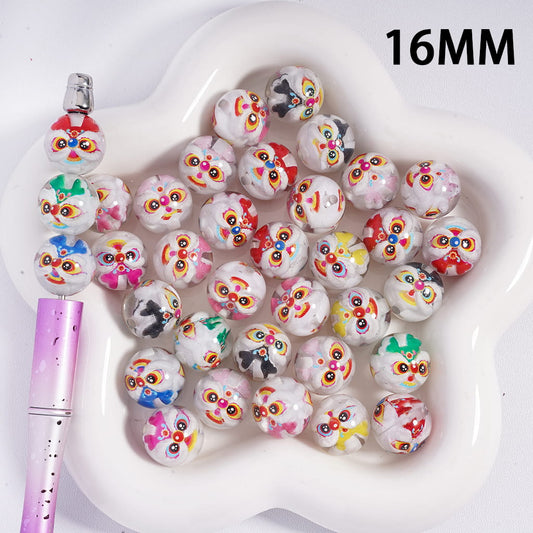 Acrylic Beads for Bracelets w Double Cute Lion Head Series Embedded Inside Bead, 16MM, Translucent, Random Mix