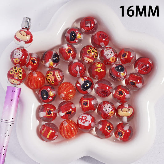 Acrylic Beads for Bracelets with Chinese New Year Red Fortune Series, 16MM, Semi-Clear, Random Mix