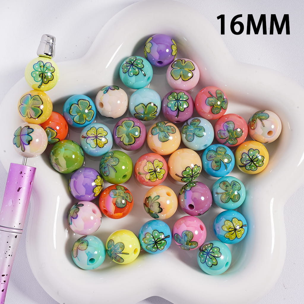 Acrylic Beads for Bracelets UV Coating with Four Leaf Clover St. Patrick's Day, 16MM, Multi-Color, Random Mix