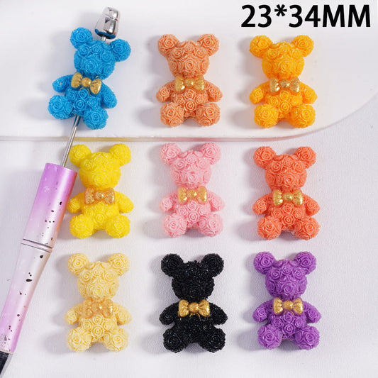Acrylic Beads Glittery Rose Flower Bear Series with Gold Bowtie, 23*34MM, Multi-Color, Random Mix