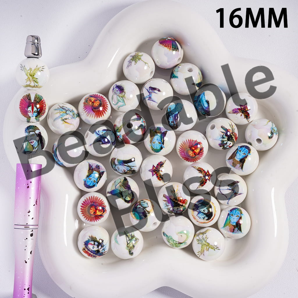Acrylic Beads for Bracelets UV Coating Blue Man Character Series, 16MM, Random Mix