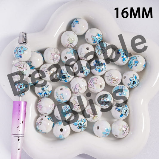 Acrylic Beads for Bracelets UV Coating Blue and Pink Dalmatians Dogs Series, 16MM, Random Mix