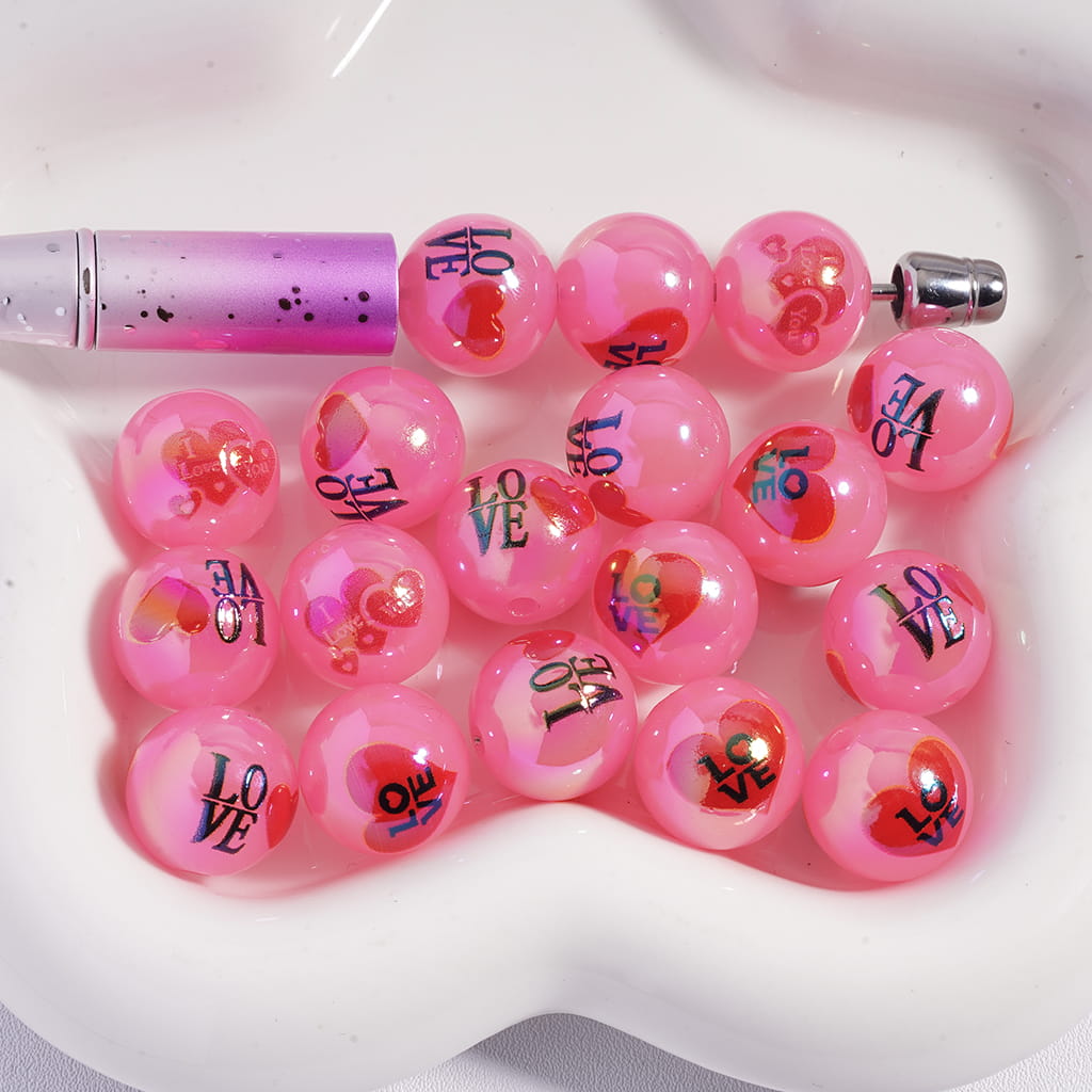 UV Finish Pink Red Heart Love Valentines Round Acrylic Beads, Random Mix, 16MM