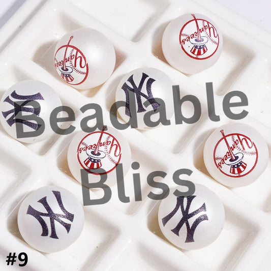 USA America Baseball Team New York Yanke Sports Frosted Matt White Round Acrylic Beads, 16MM, Random Mix