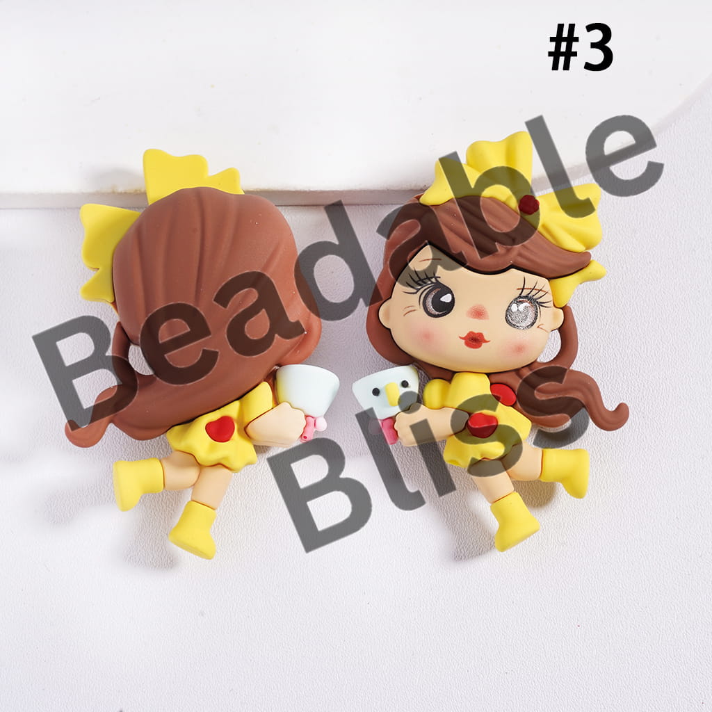 Two cartoon character figurines with brown hair and yellow bows on a white background, branded 'handsome supply'.com'.