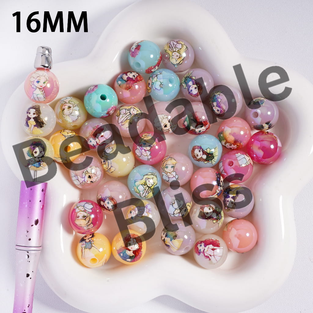 Acrylic Beads for Bracelets UV Coating Beautiful Princess Character Series, 16MM, Candy Color, Random Mix