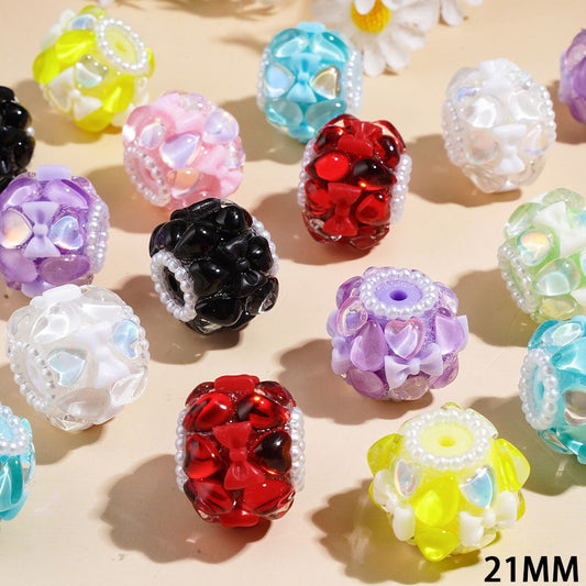 Handmade Acrylic Beads with Bowtie Heart and Water Drop Shaped Rhinestones, White Pearl Chains, 21MM Multi-Color Random Mix