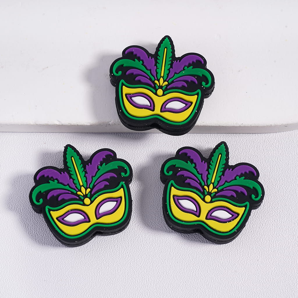 Silicone Focal Beads Mask with Silver Glitter Mardi Gras Festival