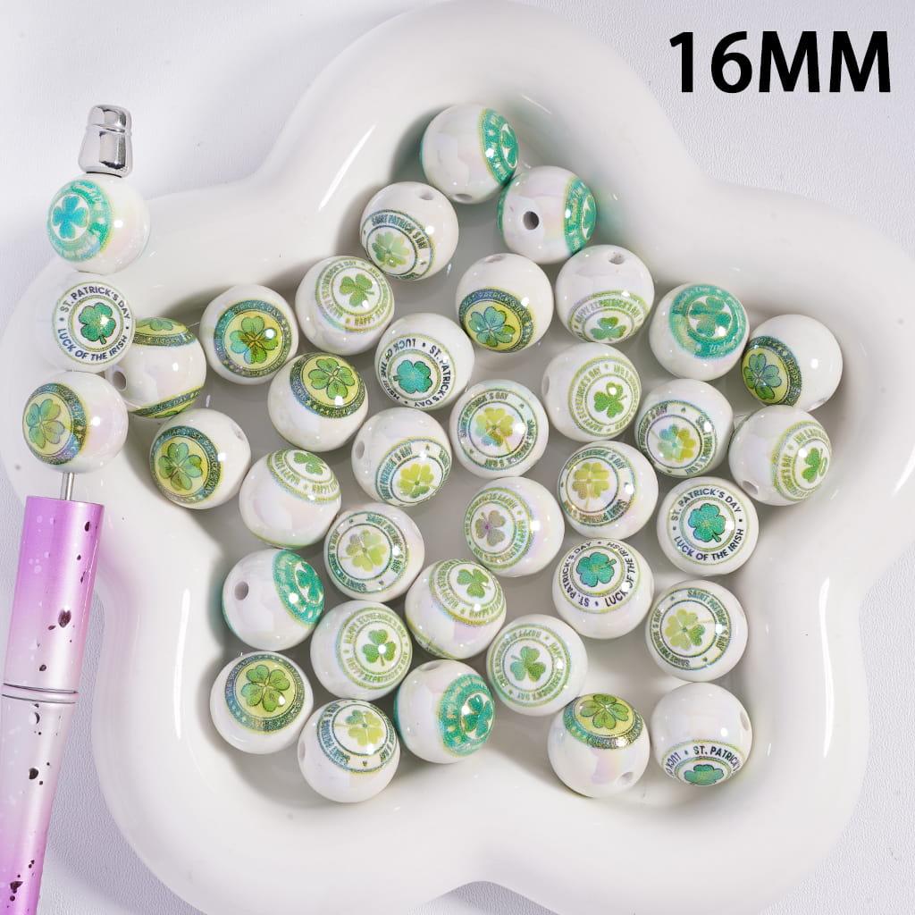 Acrylic Beads for Bracelets UV Coating with Four Leaf Clovers Saint Patrick's Day, 16MM, Random Mix