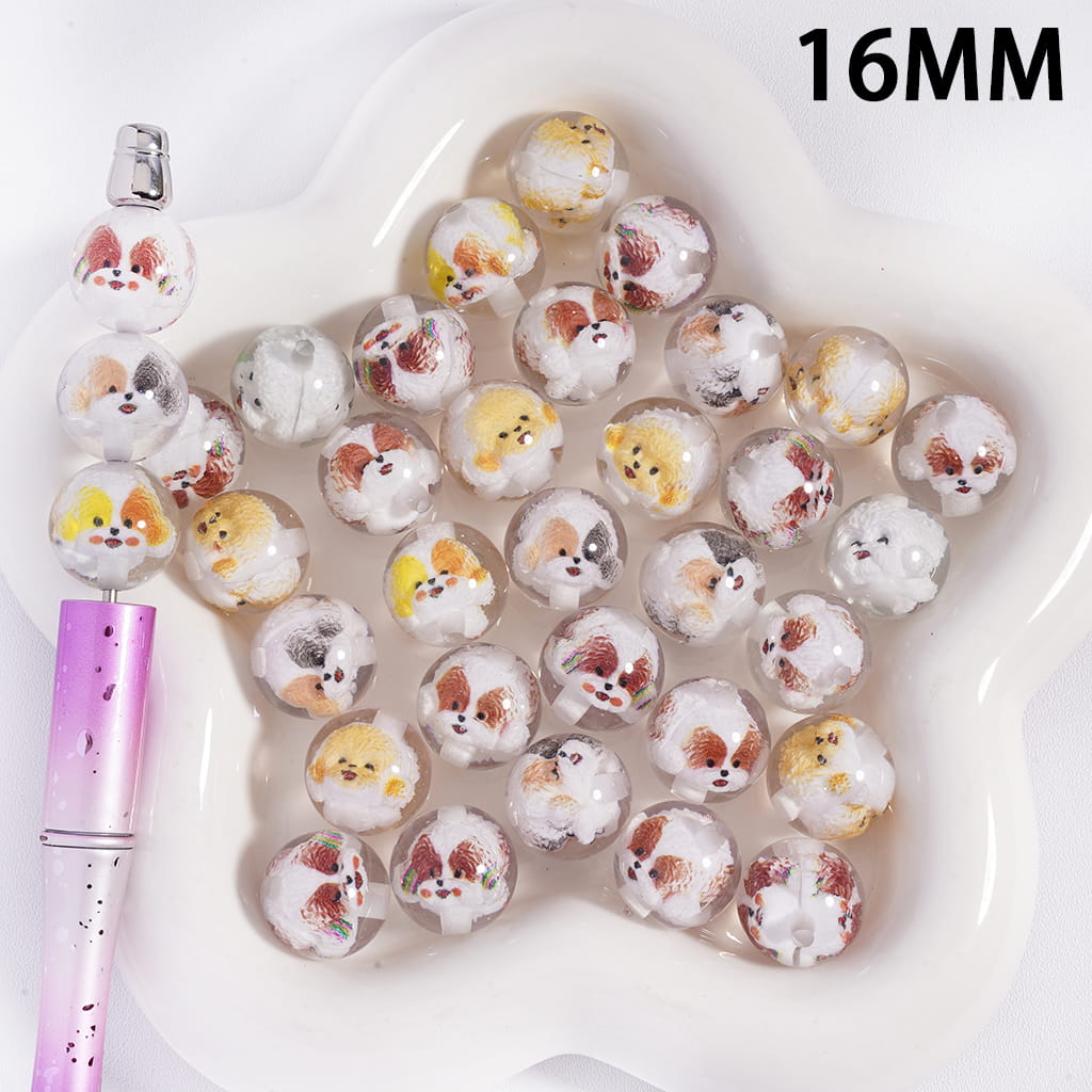Acrylic Beads for Bracelets with Glitter and Two Dog Face Head Series Embedded Inside, 16MM, Random Mix