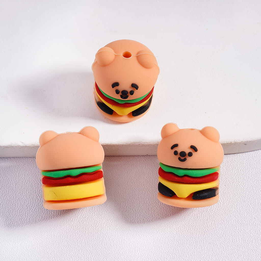 Silicone Focal Beads 3D Hamburger-Shaped Bear with Smiling Expression