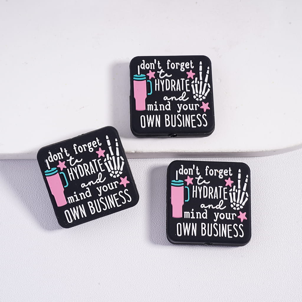 Silicone Focal Beads with Text "don't forget to HYDRATE and mind your OWN BUSINESS" and Pink Cup Skull Hand, Flat Round Shape