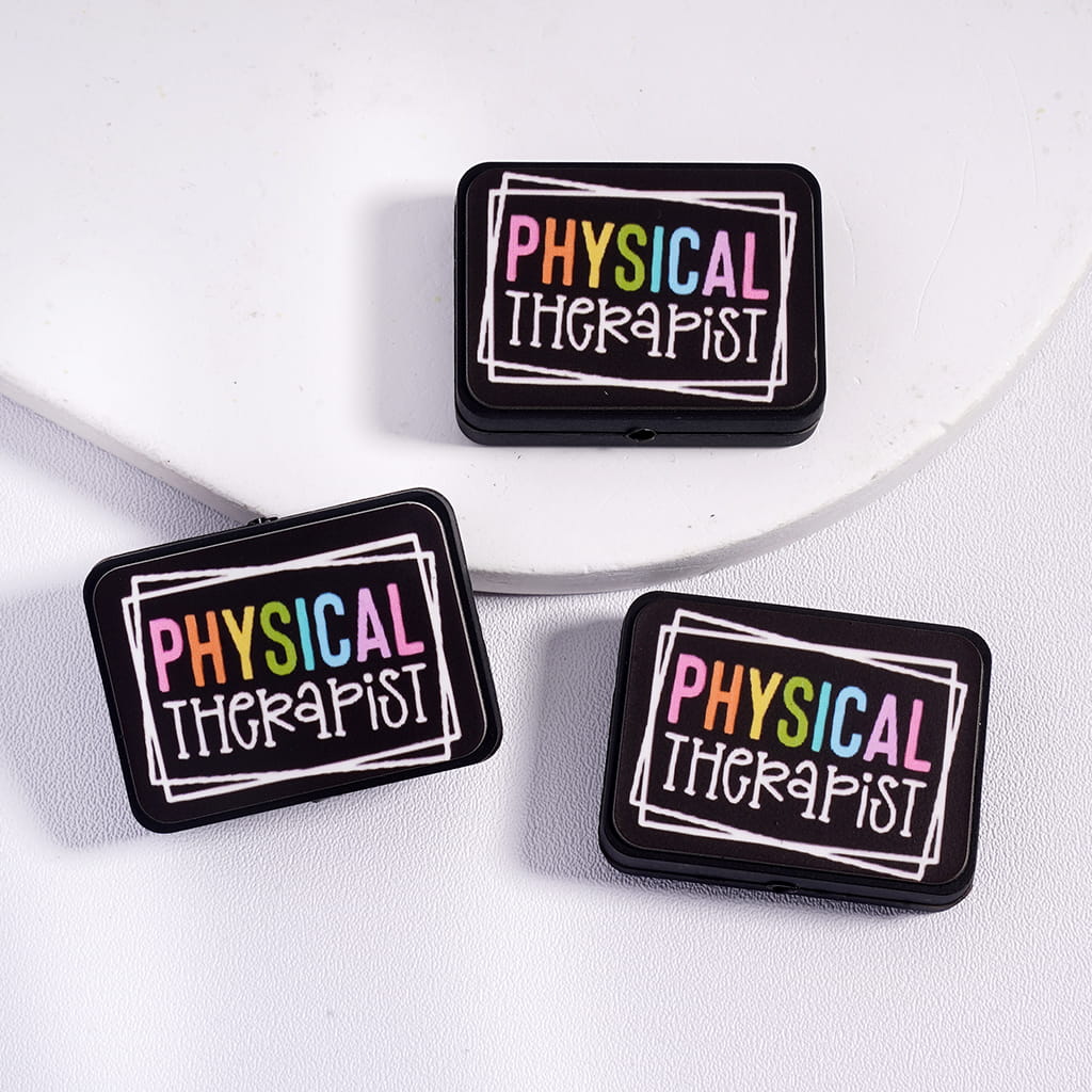 Silicone Focal Beads with Text "PHYSICAL THERAPIST" on Black Background, Flat Rectangle Shape