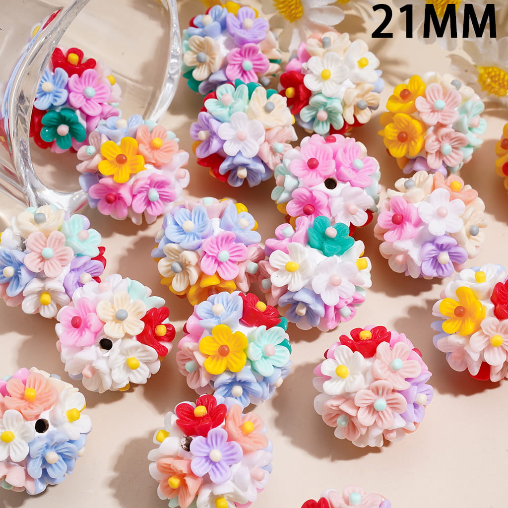 Clay Beads with Colorful Five-Petal Flower and Stamen Design, 21MM, Multi-Color Random Mix
