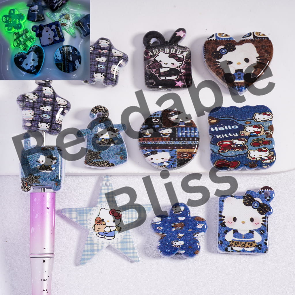 Acrylic Beads Luminous Cute Cat Character Prints Series in Various Designs, Random Mix