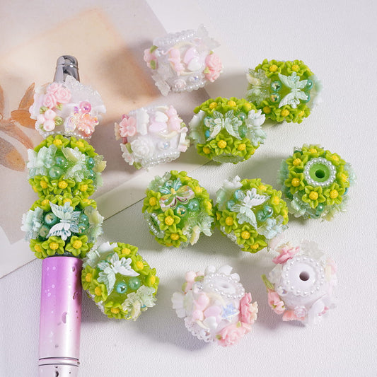 Acrylic Beads with Flowers and Butterflies, with White Pearl Chains, Random Mix