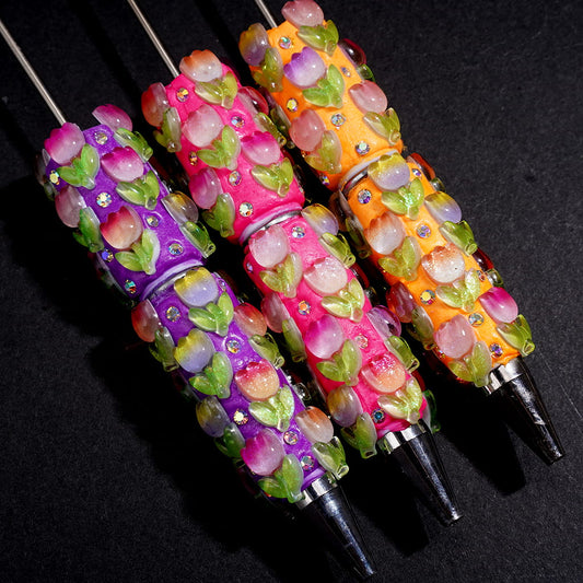 Fluorescent Clay Beadable Pen with Tulip Flower & Leaves, AB Rhinestones, Multi-Color