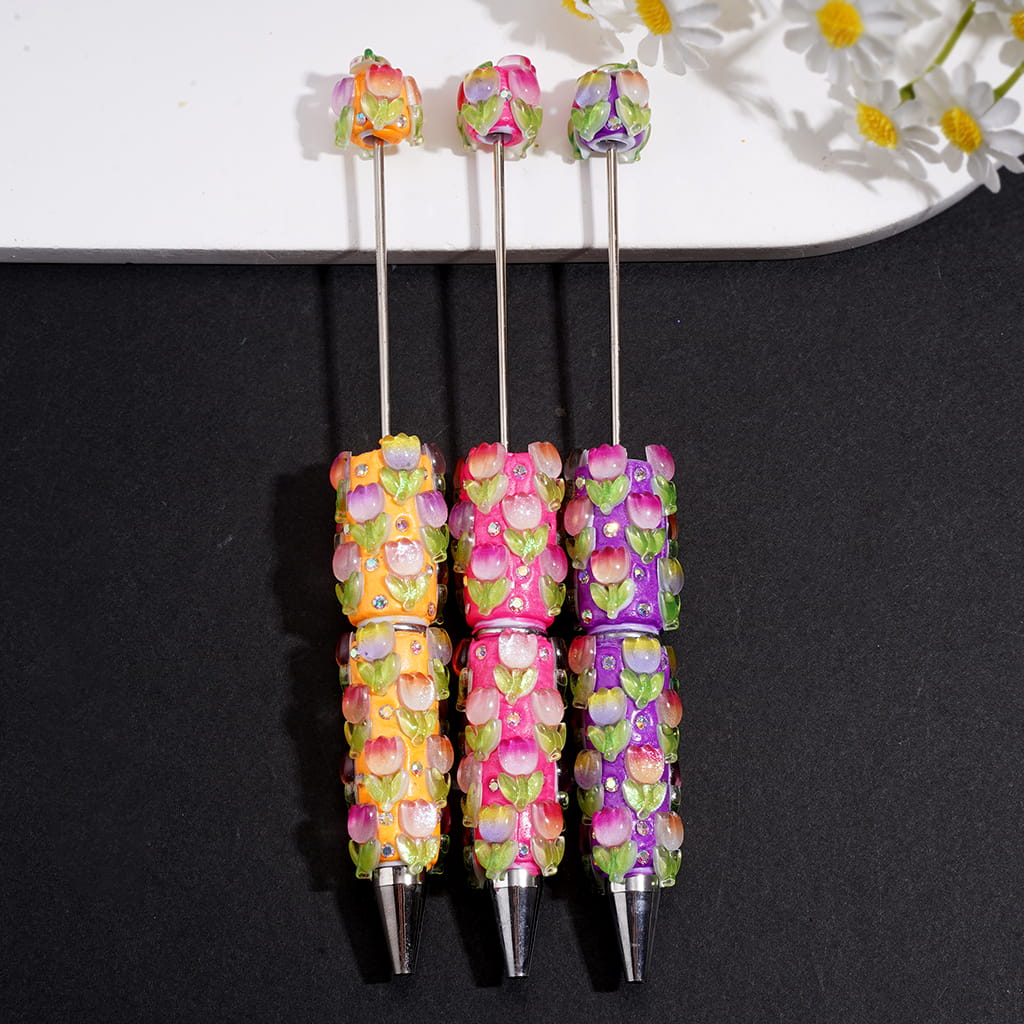 Fluorescent Clay Beadable Pen with Tulip Flower & Leaves, AB Rhinestones, Multi-Color