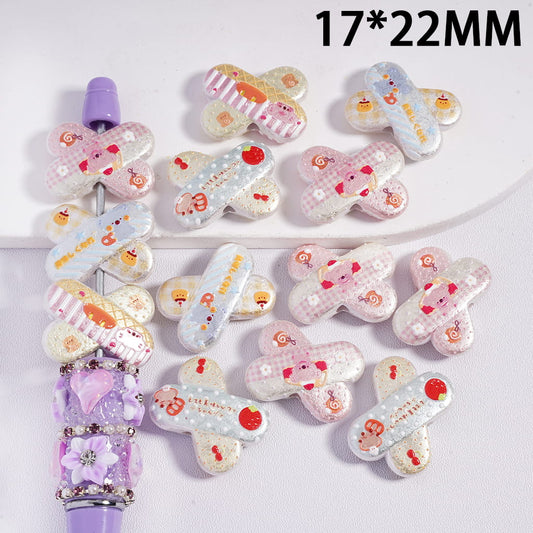 Acrylic Beads Concavo-Convex "X" Shape with Animal and Delicious Food Pattern Series, 17*22MM, Random Mix