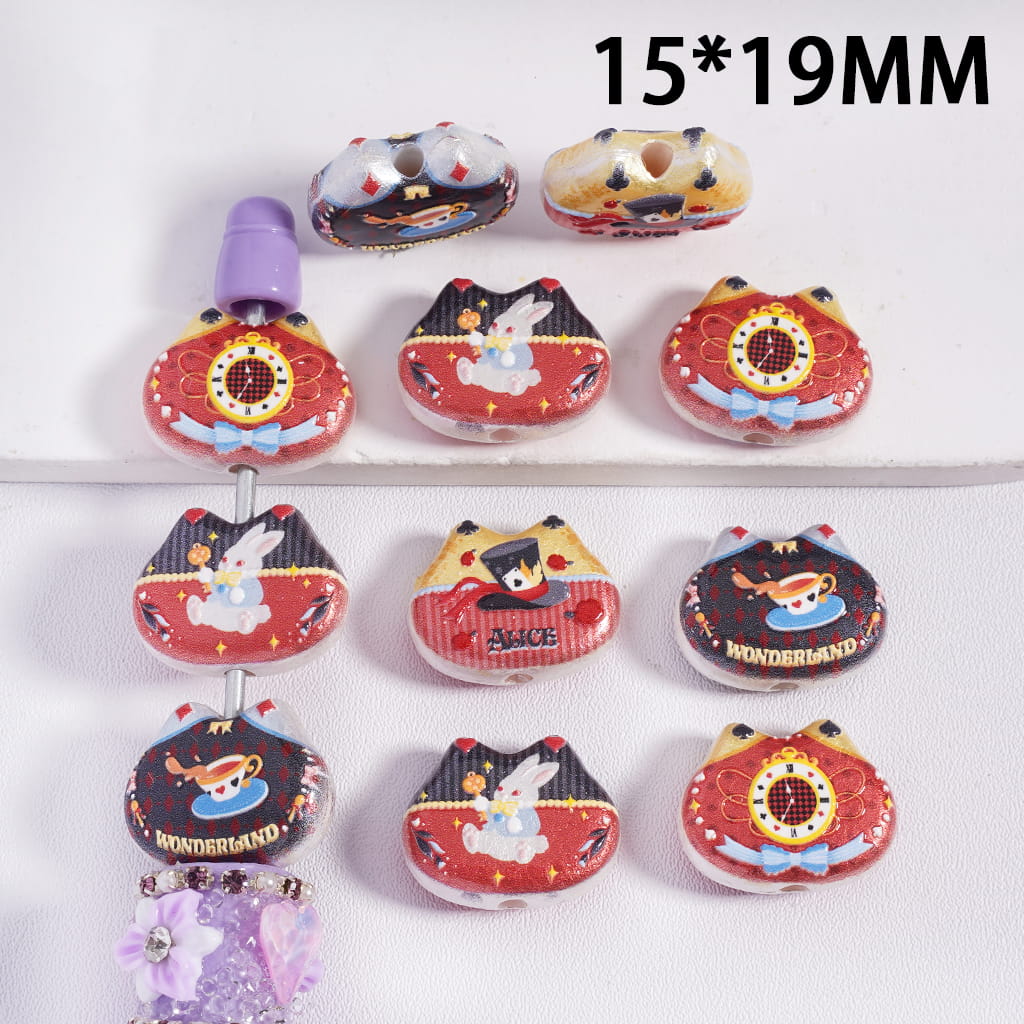 Acrylic Beads Concavo-Convex Cat Head Shape with Wonderland Pattern Series, 15*19MM, Random Mix