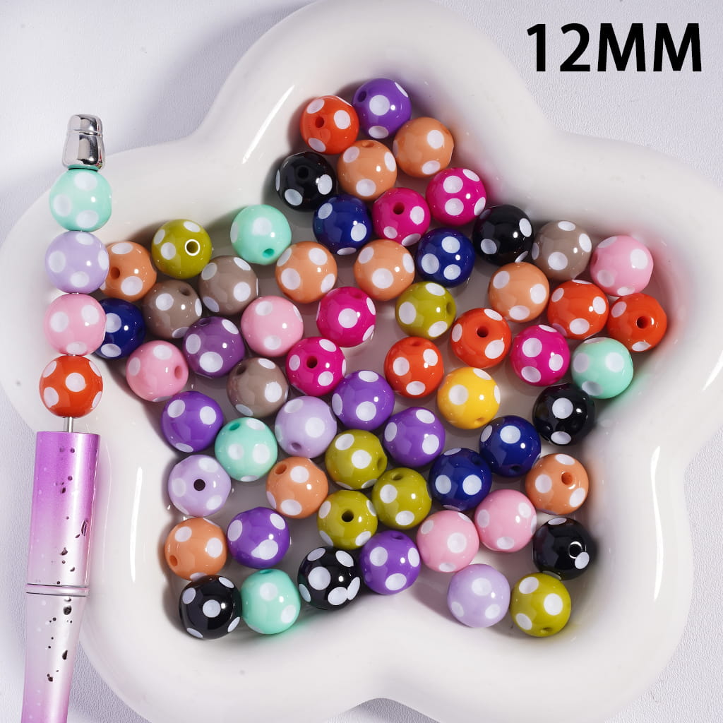 Acrylic Beads Concavo-Convex Small Ball with White Polka Dots, 12MM, Multi-Color, Random Mix