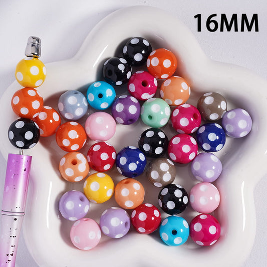 Acrylic Beads Concavo-Convex Ball with White Polka Dots, 16MM, Multi-Color, Random Mix