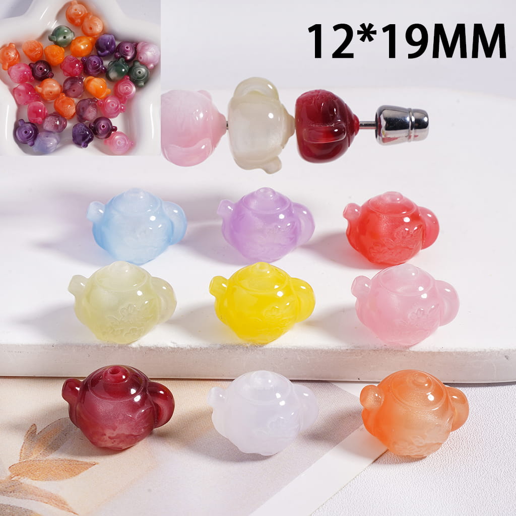 Acrylic Beads Color Changing Cat Eye Style Teapot with Flowers, 12*19MM, Multi-Color, Random Mix
