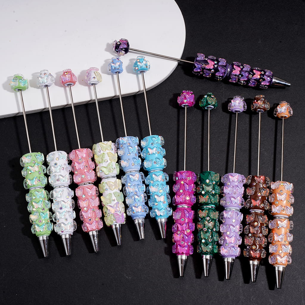 Beadable Clay Pens with Fantasy Iridescent Butterfly and AB Rhinestones, Random Mix