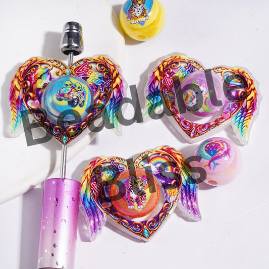Brightly Colored Animal Printed Acrylic Beads, Hollowed Heart with Angel Wings and Round Beads, Random Mix (Please Read Description)