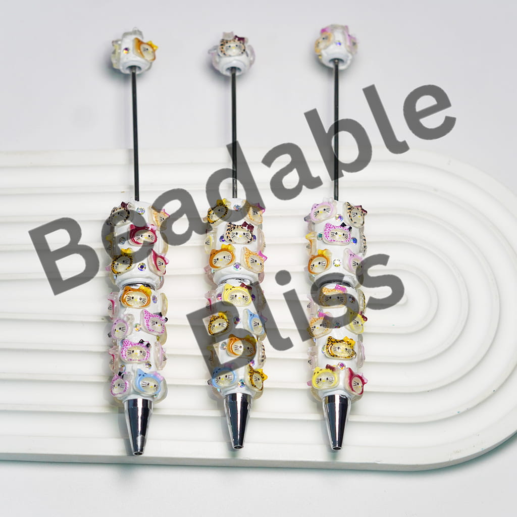 Beadable Clay Pens Adorable Kitten Head with Bowtie in Various Style, AB Rhinestones