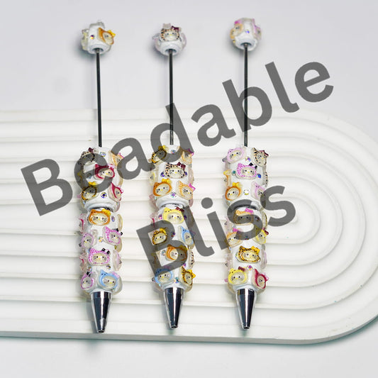 Beadable Clay Pens Adorable Kitten Head with Bowtie in Various Style, AB Rhinestones