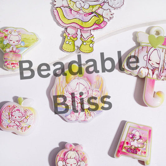 Acrylic Beads and Pendants Sleeping Girl Character Series, Green Pink Style, Random Mix