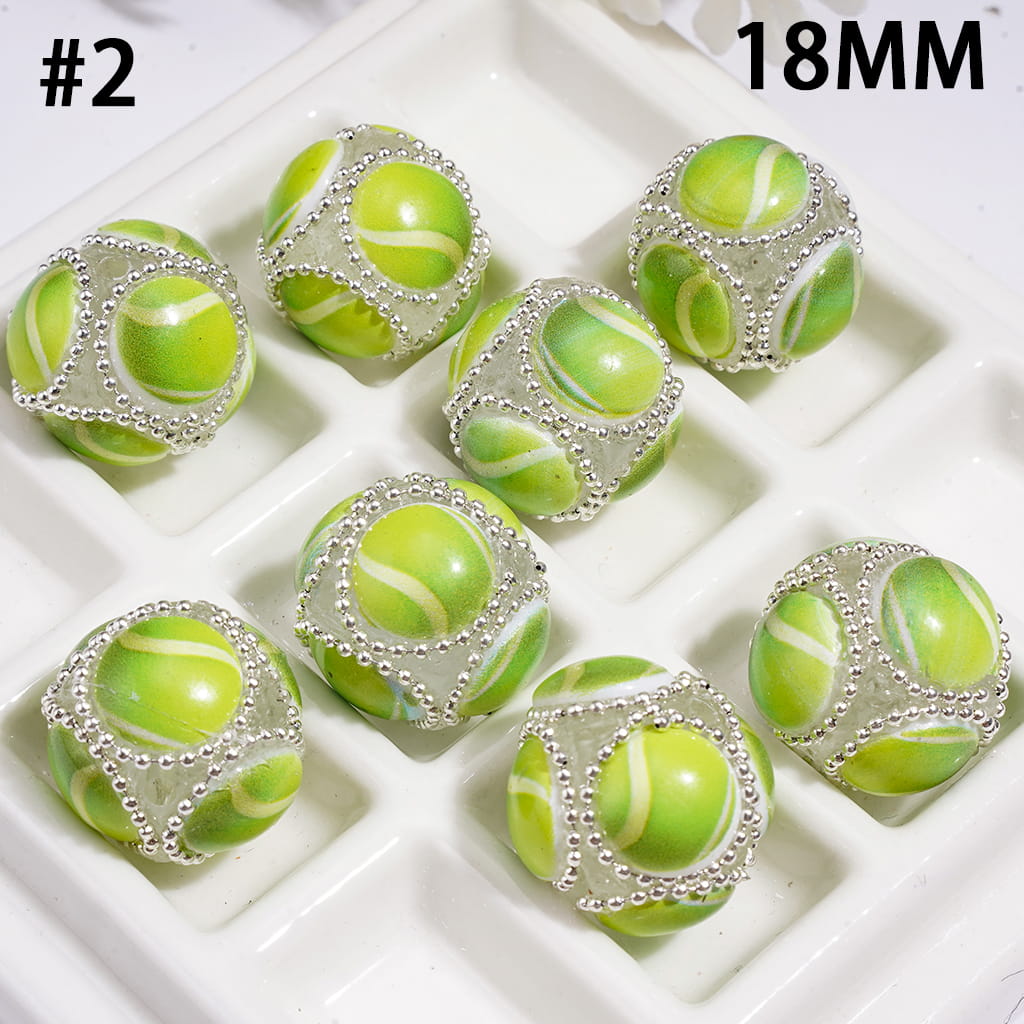 Hand-Made Acrylic Beads with Raised Sports Ball Design & Silver Metal Chain Design, 18MM, Assorted Style