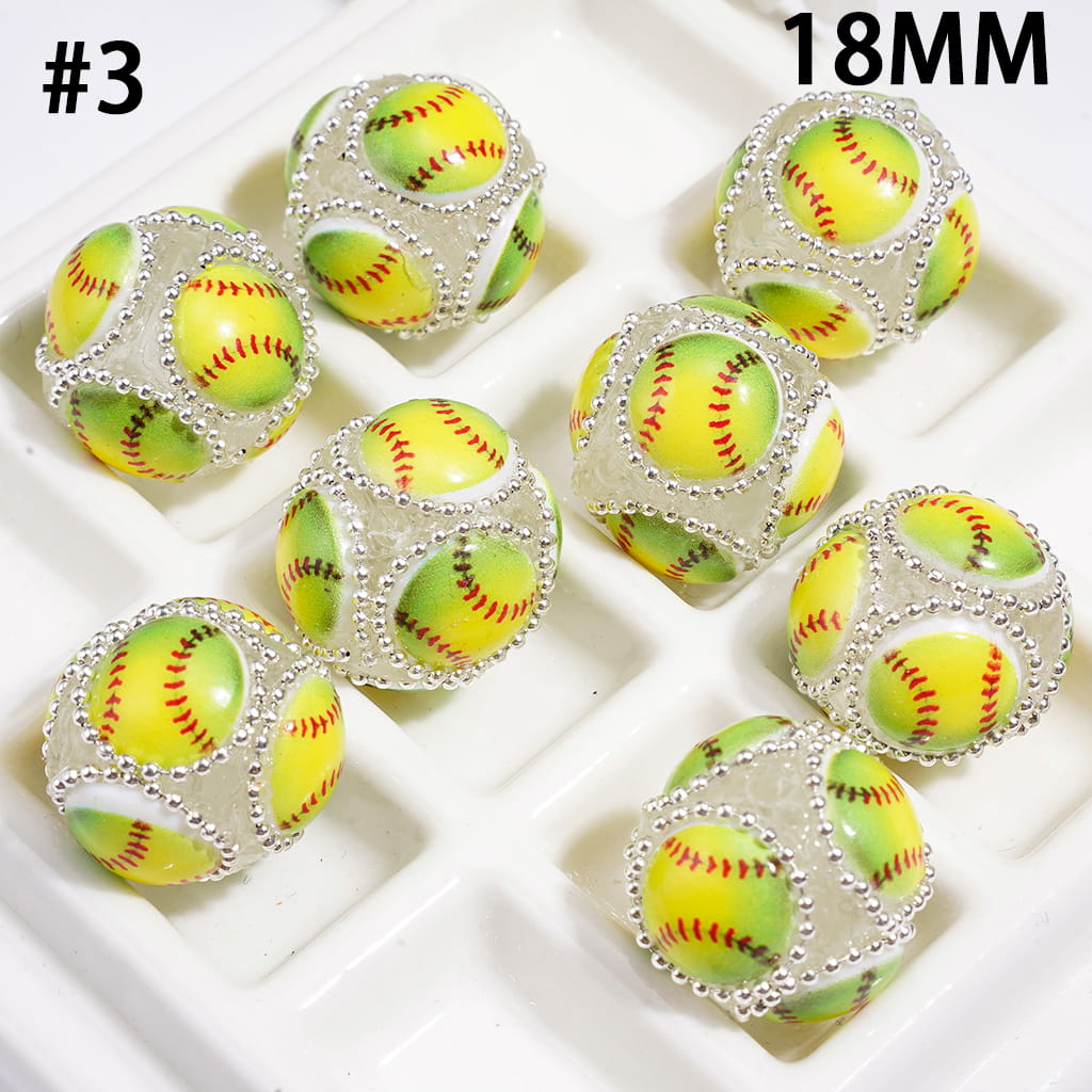 Hand-Made Acrylic Beads with Raised Sports Ball Design & Silver Metal Chain Design, 18MM, Assorted Style