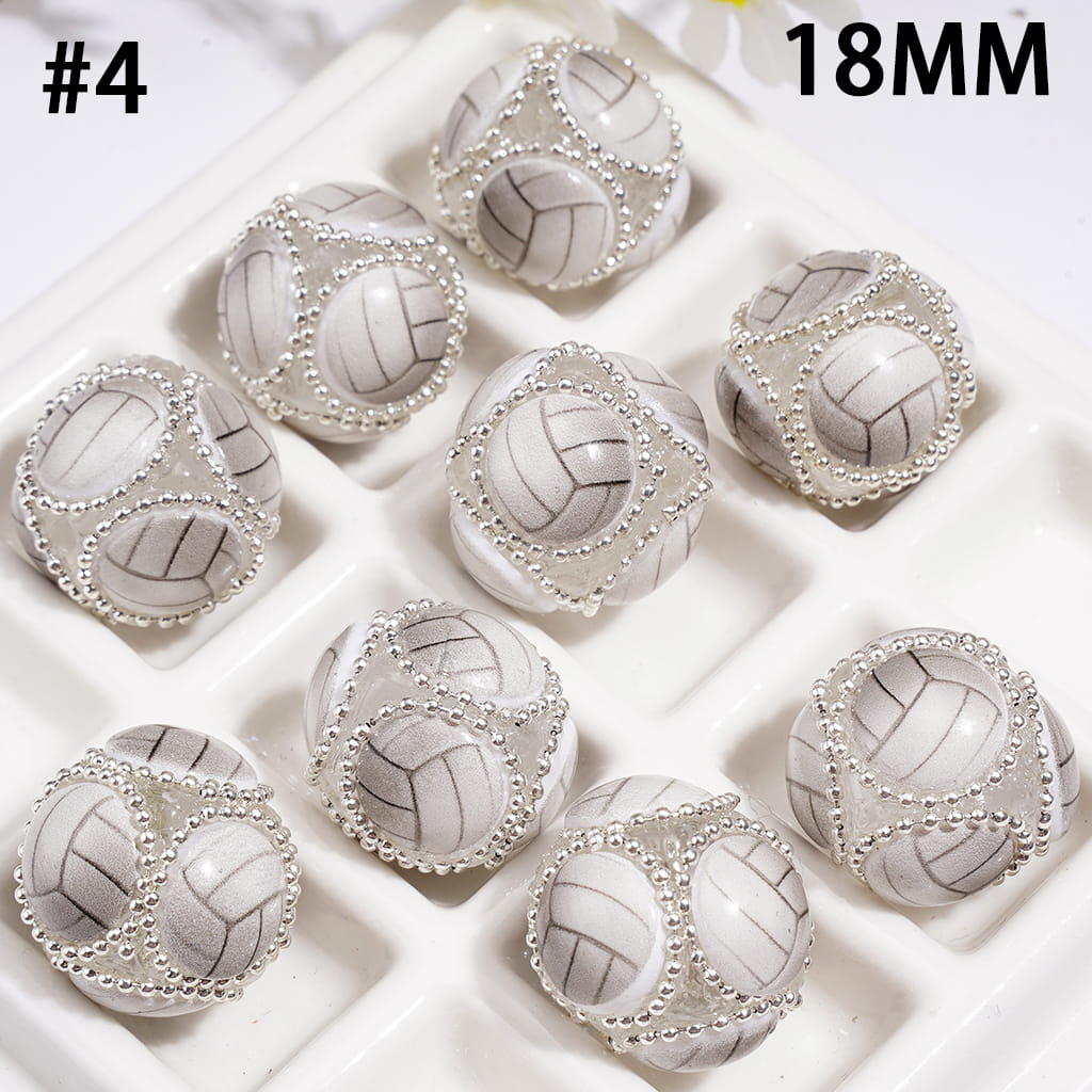 Hand-Made Acrylic Beads with Raised Sports Ball Design & Silver Metal Chain Design, 18MM, Assorted Style