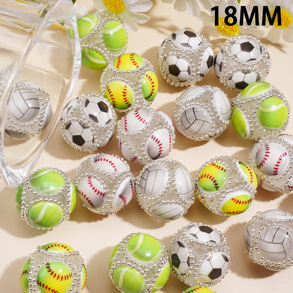 Hand-Made Acrylic Beads with Raised Sports Ball Design & Silver Metal Chain Design, 18MM, Assorted Style