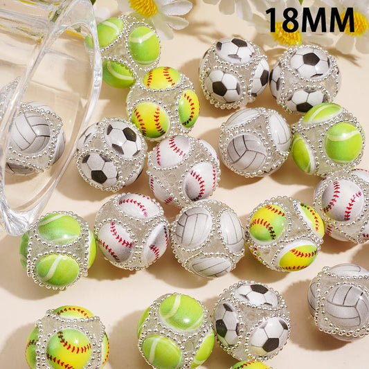 Hand-Made Acrylic Beads with Raised Sports Ball Design & Silver Metal Chain Design, 18MM, Assorted Style