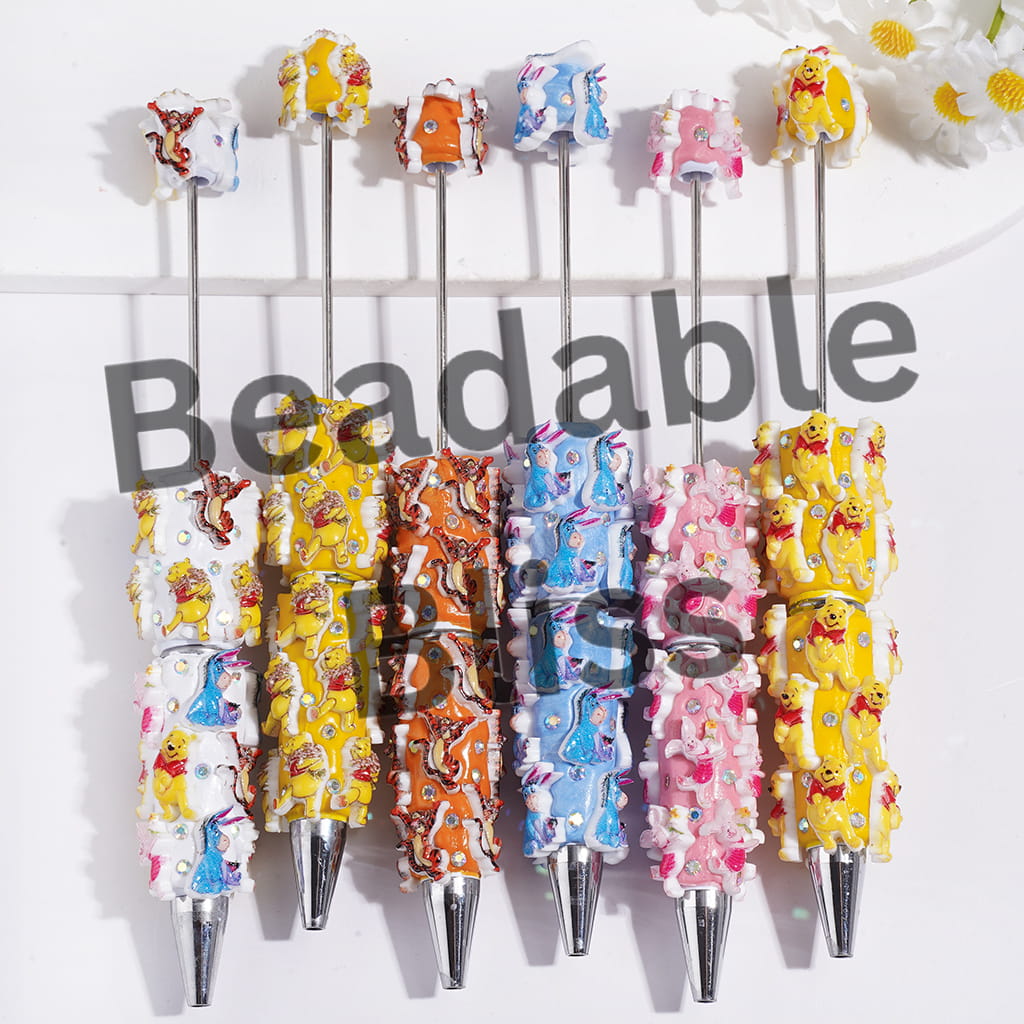 Beadable Clay Pens with Cute Donkey Tiger Bear Pig Character Series and AB Rhinestone, Multi-Color