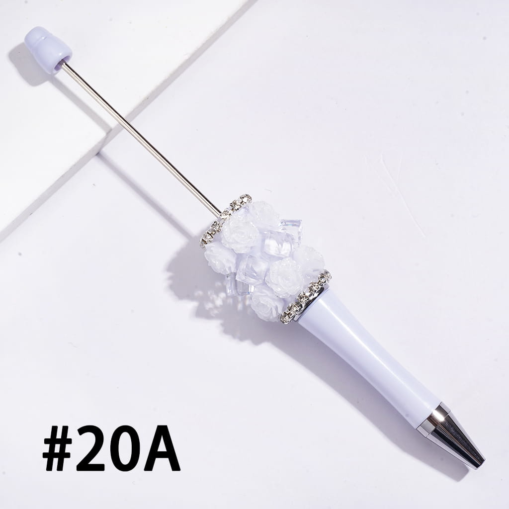 Beadable Pens w Shiny Rose Flowers and Clear Cube Square Shaped Crystal Design, Clear Rhinestone Chains, Multi-Color