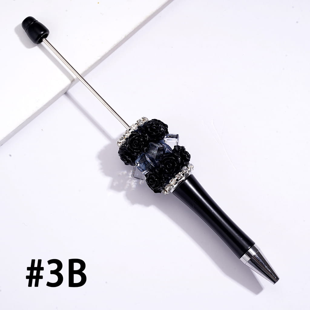 Beadable Pens w Shiny Rose Flowers and Clear Cube Square Shaped Crystal Design, Clear Rhinestone Chains, Multi-Color