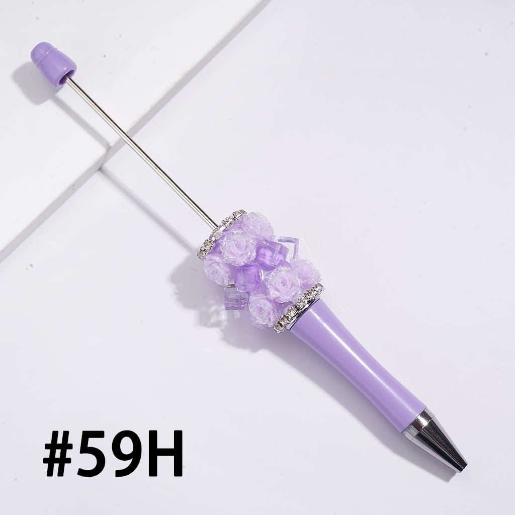 Beadable Pens w Shiny Rose Flowers and Clear Cube Square Shaped Crystal Design, Clear Rhinestone Chains, Multi-Color
