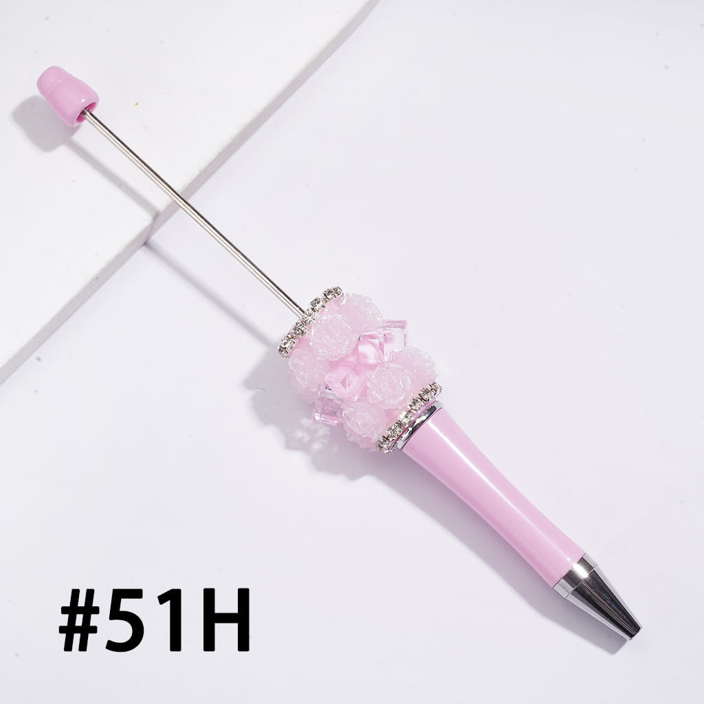 Beadable Pens w Shiny Rose Flowers and Clear Cube Square Shaped Crystal Design, Clear Rhinestone Chains, Multi-Color