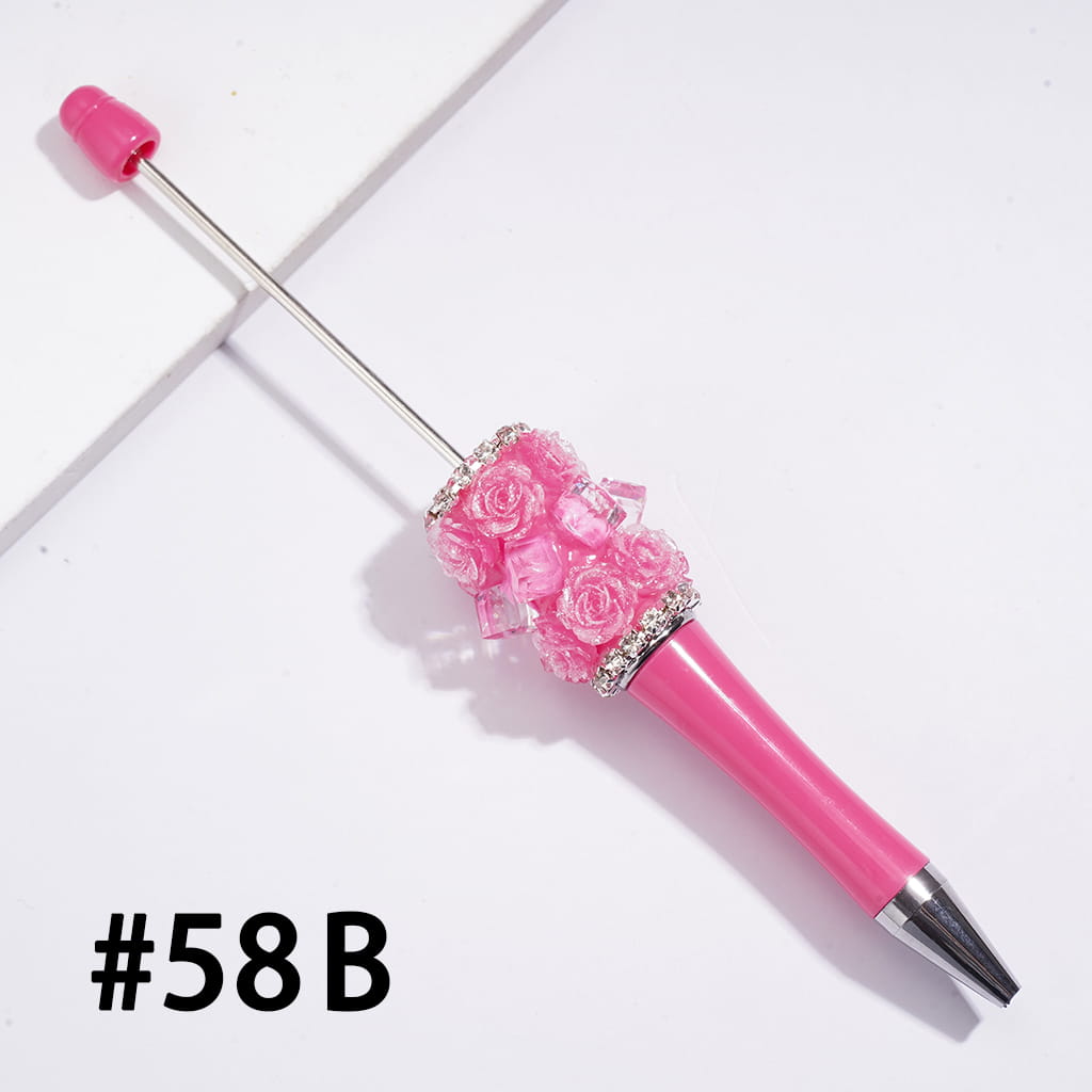 Beadable Pens w Shiny Rose Flowers and Clear Cube Square Shaped Crystal Design, Clear Rhinestone Chains, Multi-Color